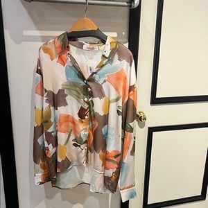 Abstract Brushstroke Satin Button-Down Shirt in Multicolor